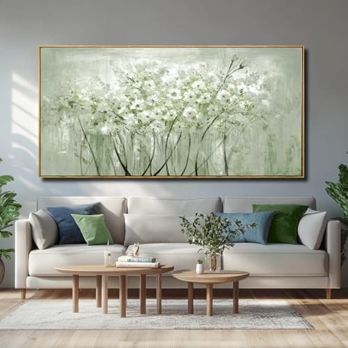 Framed Green Flower botanical Canvas Wall Art 58"L x 29"W White and Green