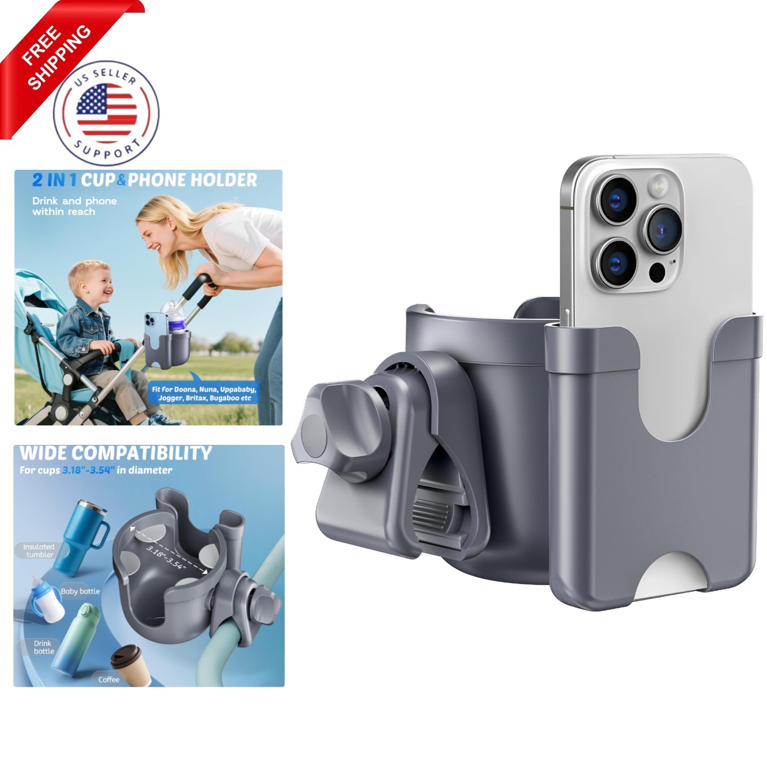 Cup Holder for Walker: Stroller Cup Holder Attachment with Phone Holder, Whee...