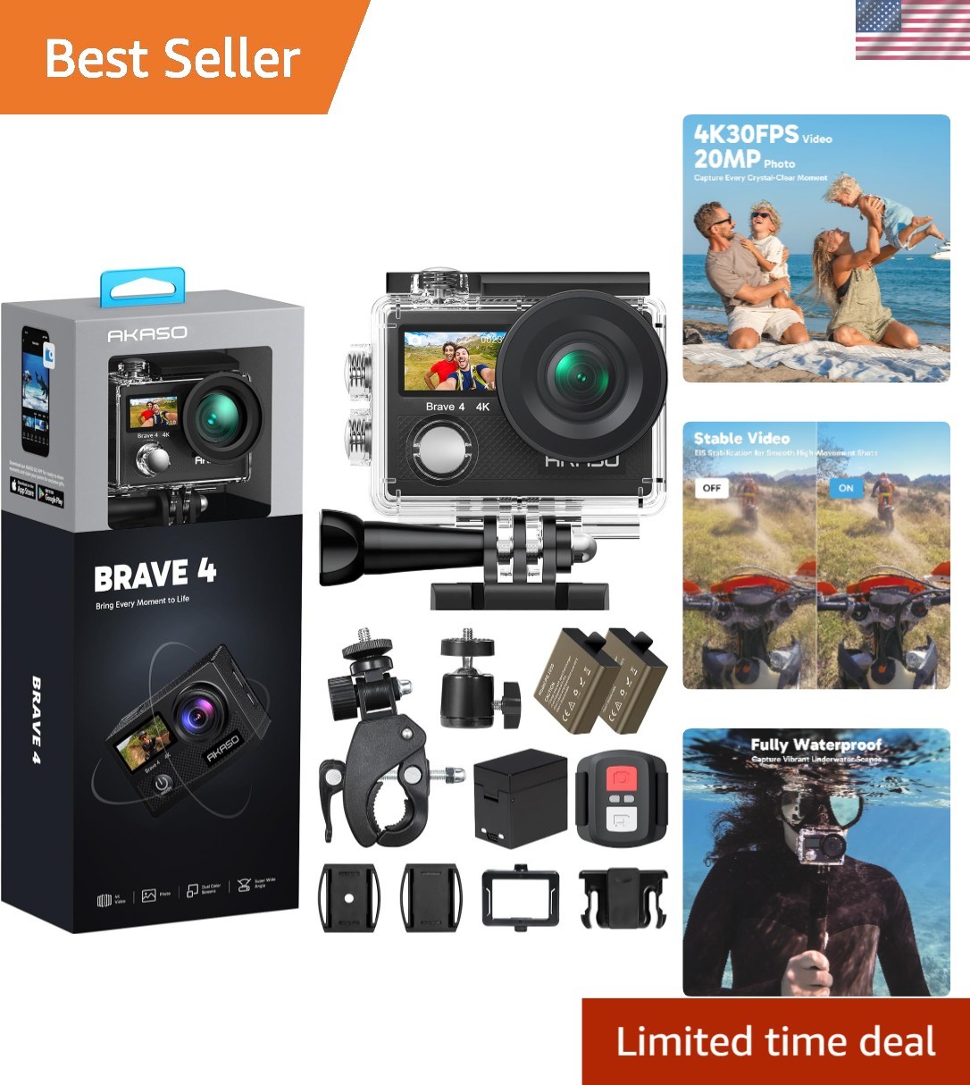 4K Brave 4 Action Camera with EIS, 2 Batteries & Remote for Unique Shots