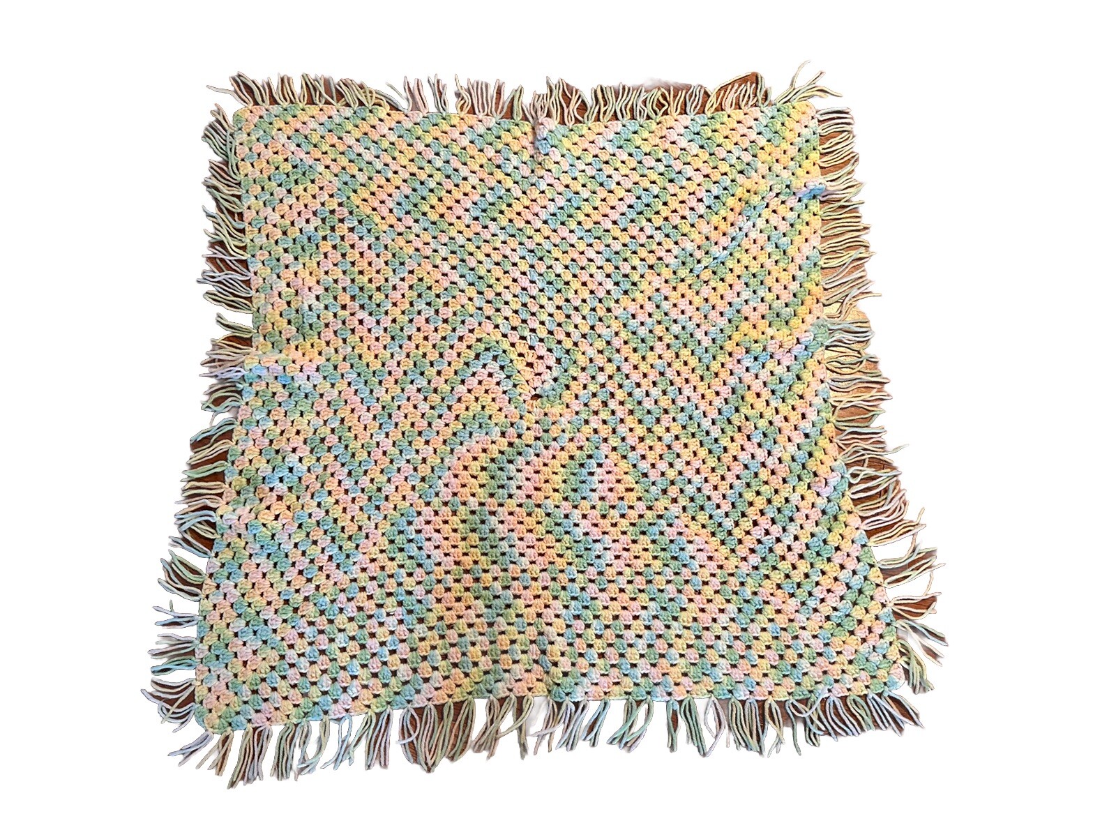 Hand Crocheted Baby Blanket Afghan 39”x 39” Includes Fringe Vintage Multicolor