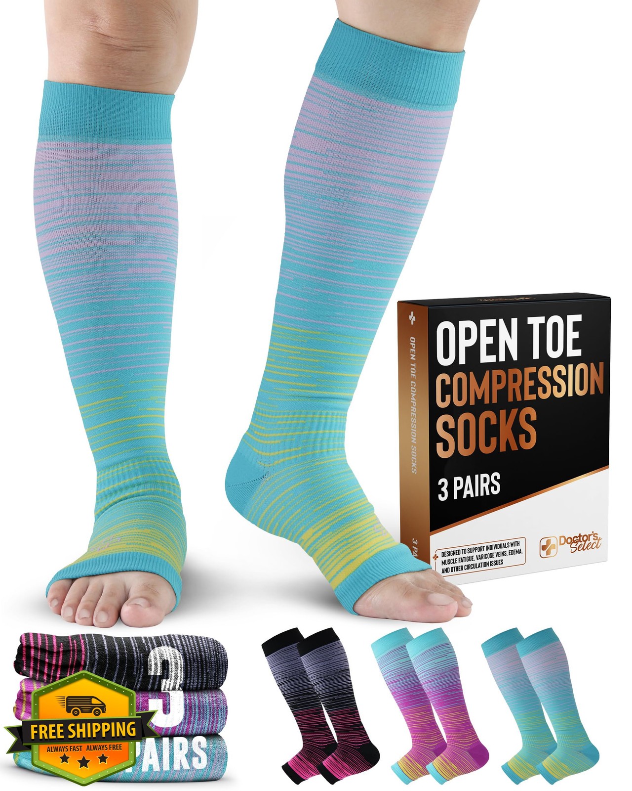 Doctor's Select Copper Compression Socks 3 Pairs Women Men Open Toe