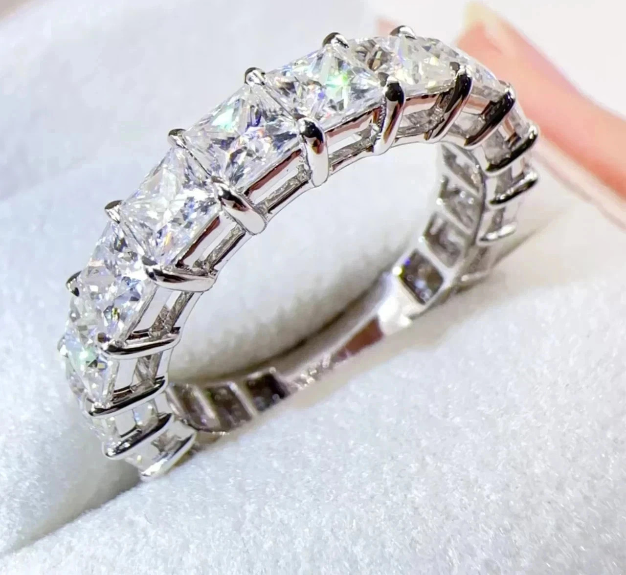 3mm Princess-Cut 14K White Gold Plated D/VVS1 Moissanite Eternity Wedding Band