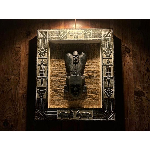 African Tribal Mask Wall Art Framed Burlap Rustic Decor cottage colorful boho