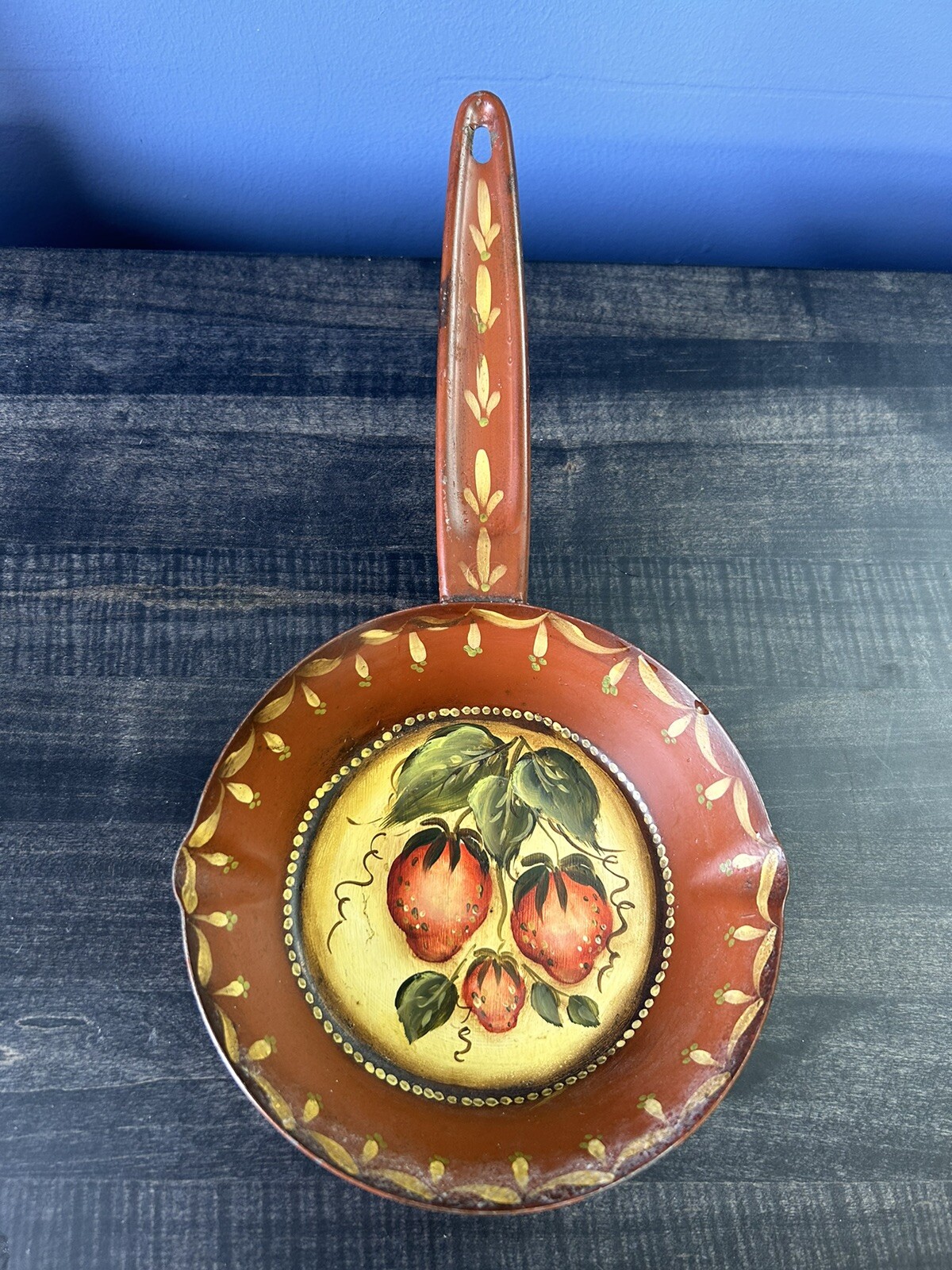 Decorative Metal Skillet Hand Painted Fruit Pan Signed Dated 1978 Hangable Decor