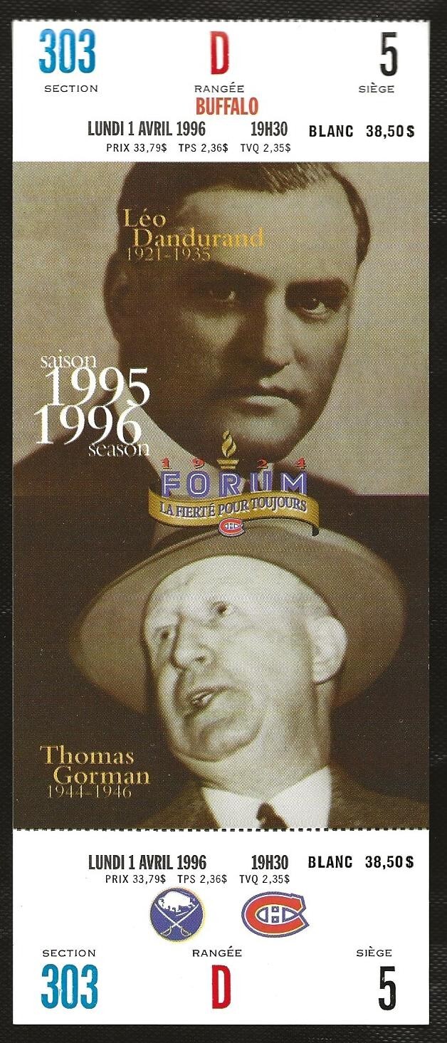 1996 Canadiens v Sabres LAST YEAR Montreal Forum Dandurand Hockey Full Ticket