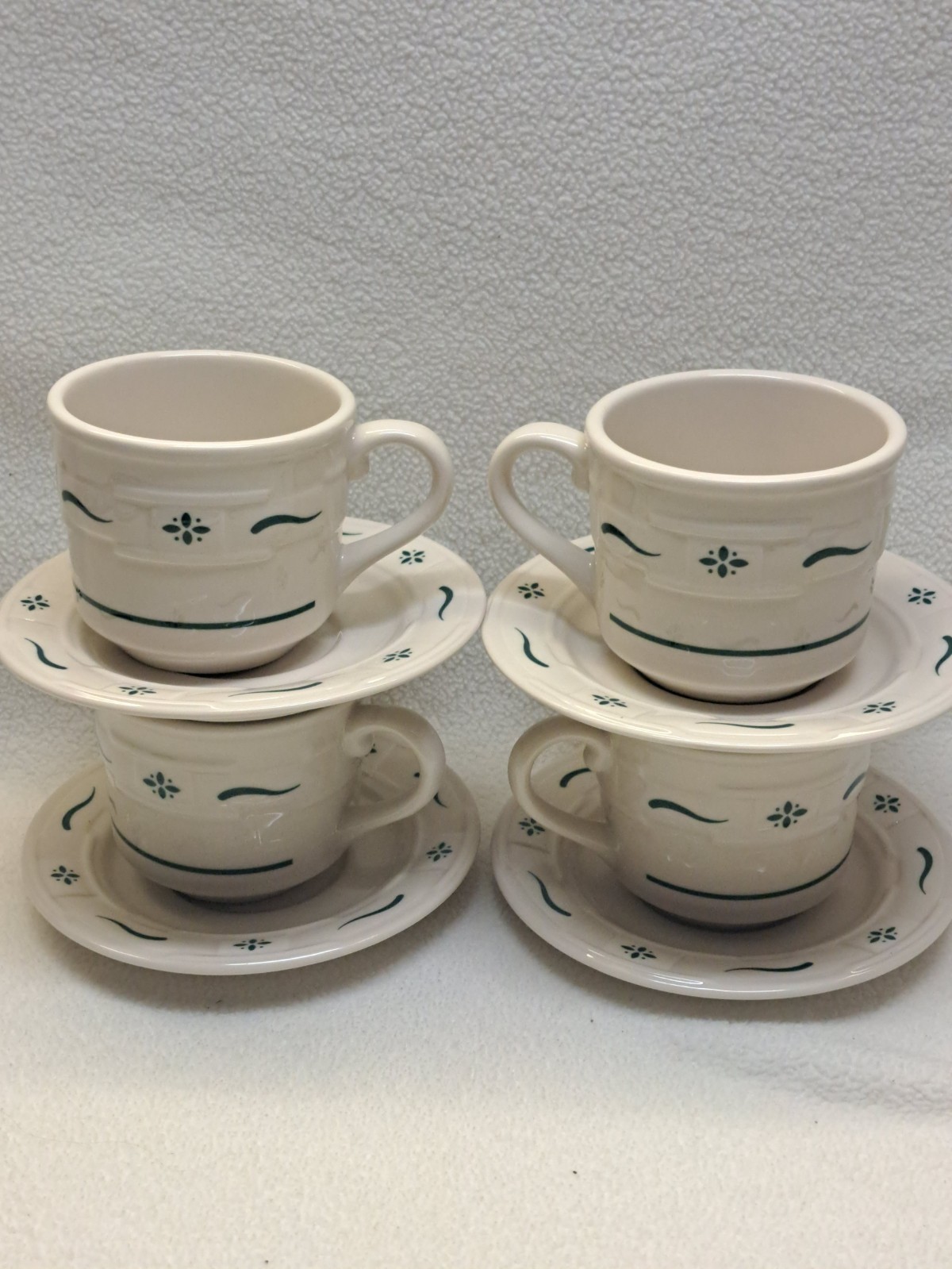 Longaberger USA Woven Tradition Heritage Green (4) 3" Cups & Saucers EUC