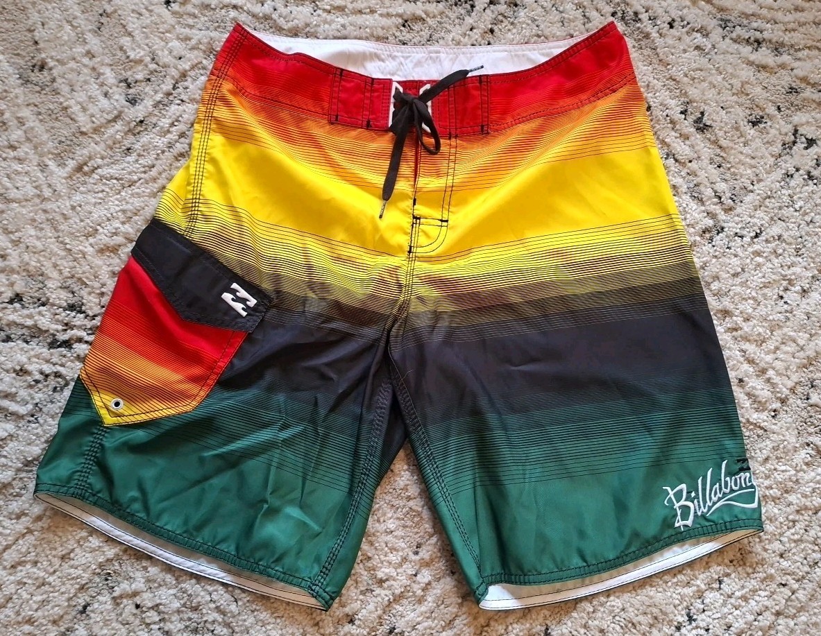 Vintage Billabong Board Shorts Mens Size 34 Green Red Hecho De Rasta Beach Y2K 