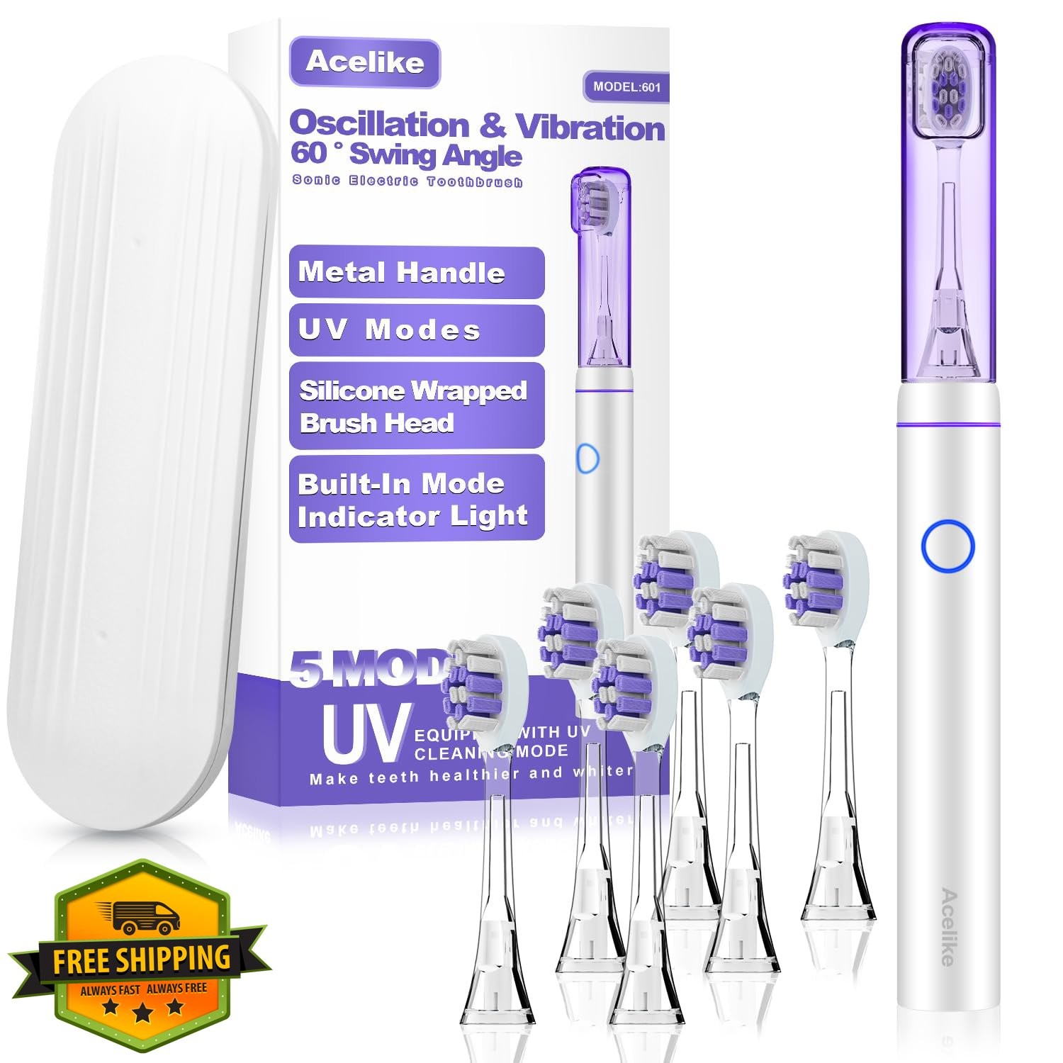 Metal Electric Toothbrush UV Mode, 6 Heads, 5 Modes, Travel Case