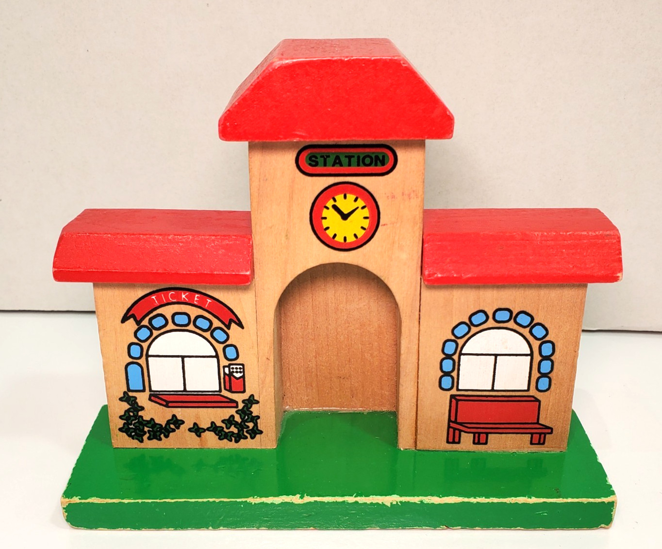 Vintage Wooden Train Station Building Red Roof Clock Ticket Counter