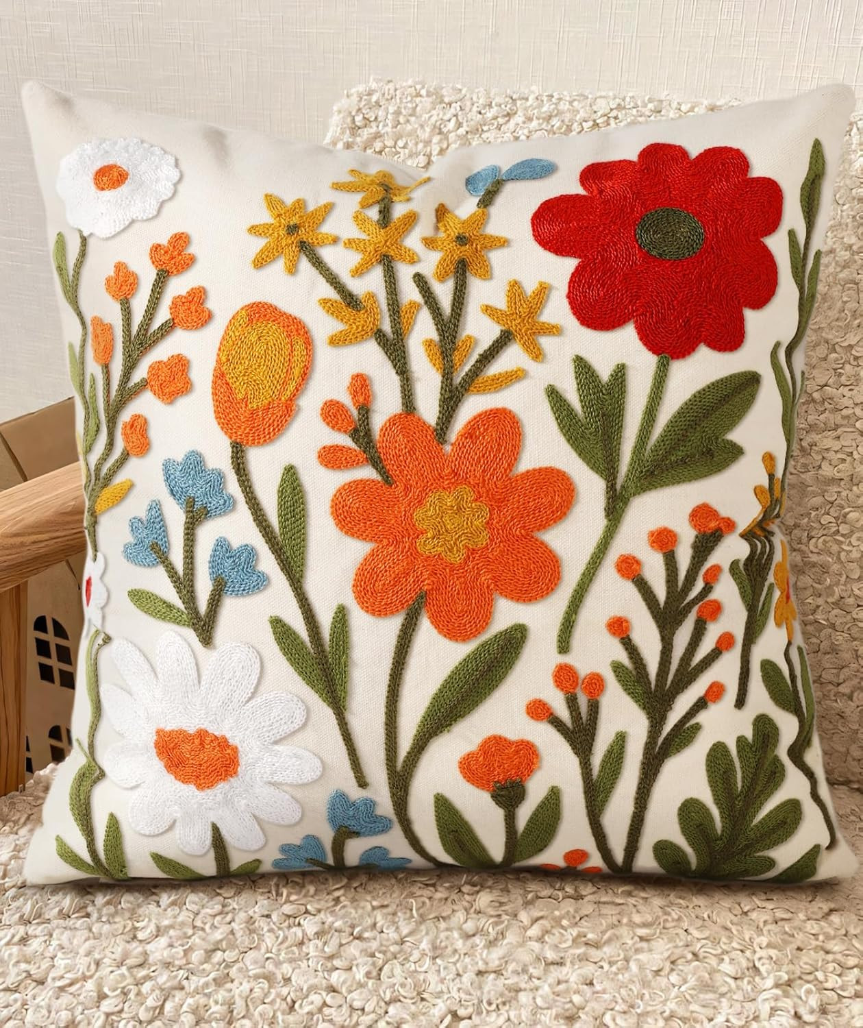 Embroidered Throw Pillow Cover 18x18 Inch - Spring Summer Boho Decorative Pillow