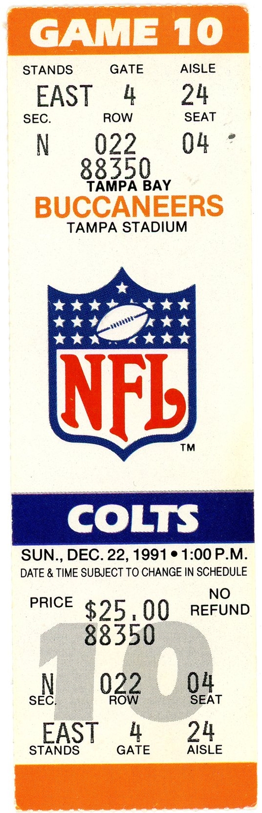 Tampa Bay Buccaneers vs. Indianapolis Colts Ticket Tampa Stadium (Tampa FL 1991)