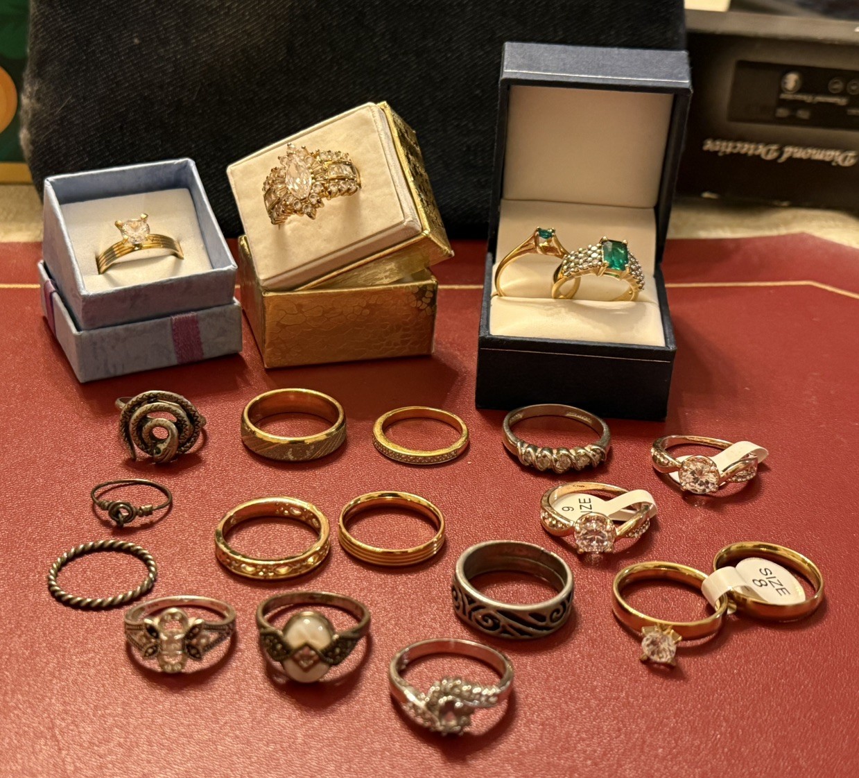 Junk Drawer Lot of  19 Rings, 1 Wedding Set Various Sizes Boxes Not Includd 