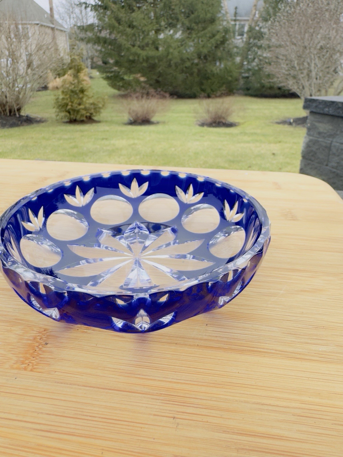 VTG Bohemian Cobalt Blue Cut To Clear Crystal Bowl Starburst Thumbprint 5-3/8”