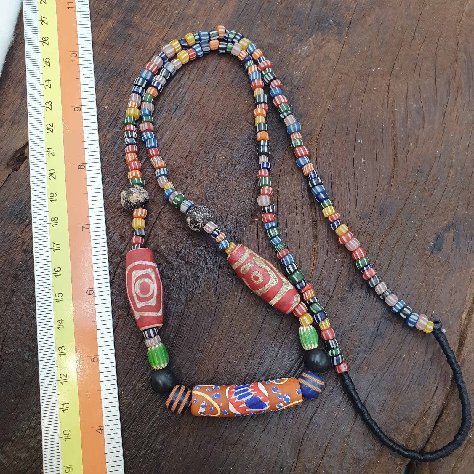 African Style Bead Necklace Long Tubular Glass Eye Beads Colorful Ethnic Tribal