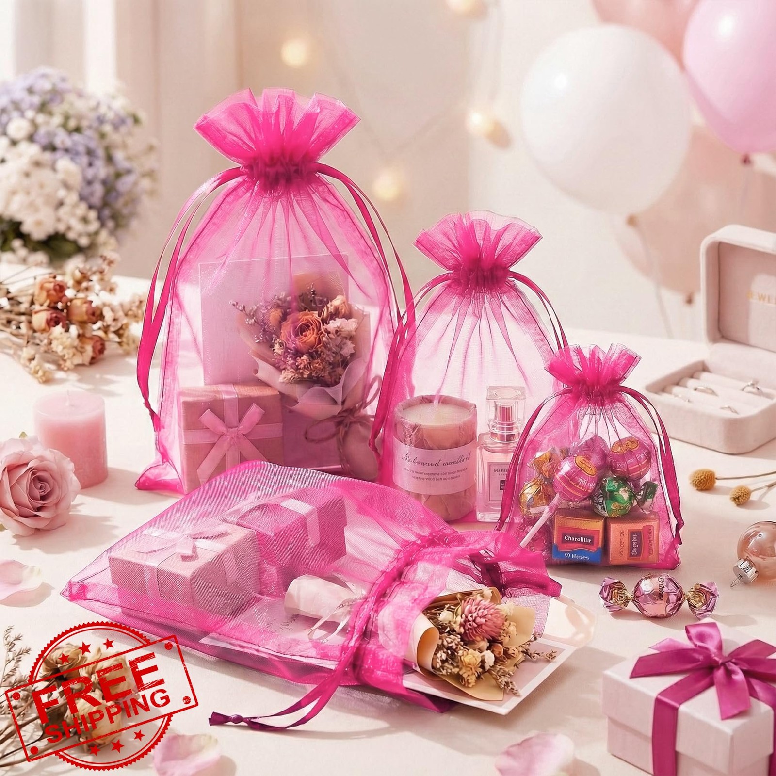 FUNFERY 100 Pcs Hot Pink Organza Bags 3x4in Small Mesh Gift