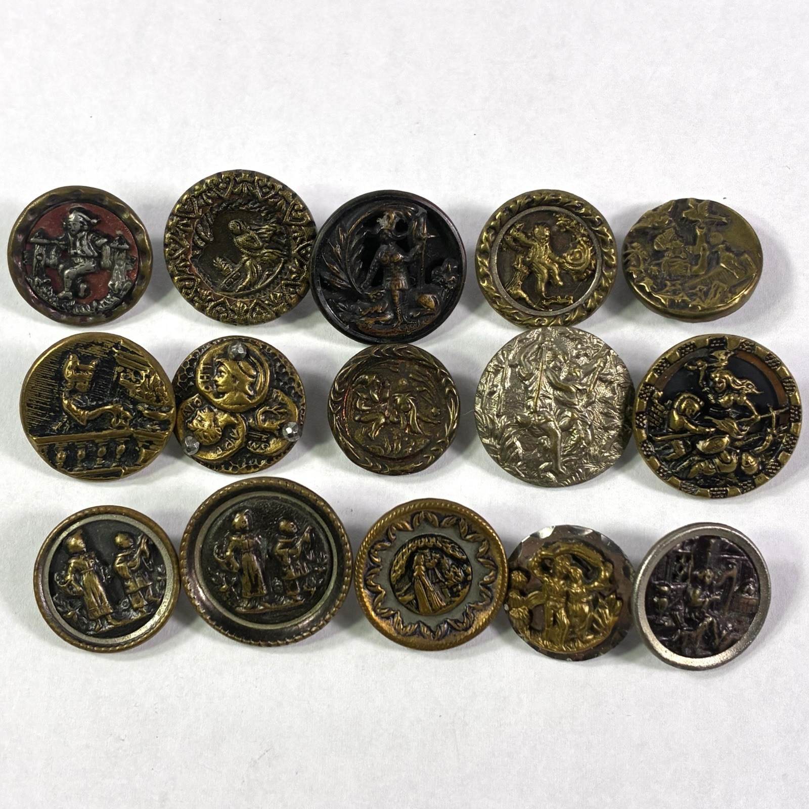 Lot of 15 Vintage Victorian Picture Relief Buttons Love, Animals, Nature, etc