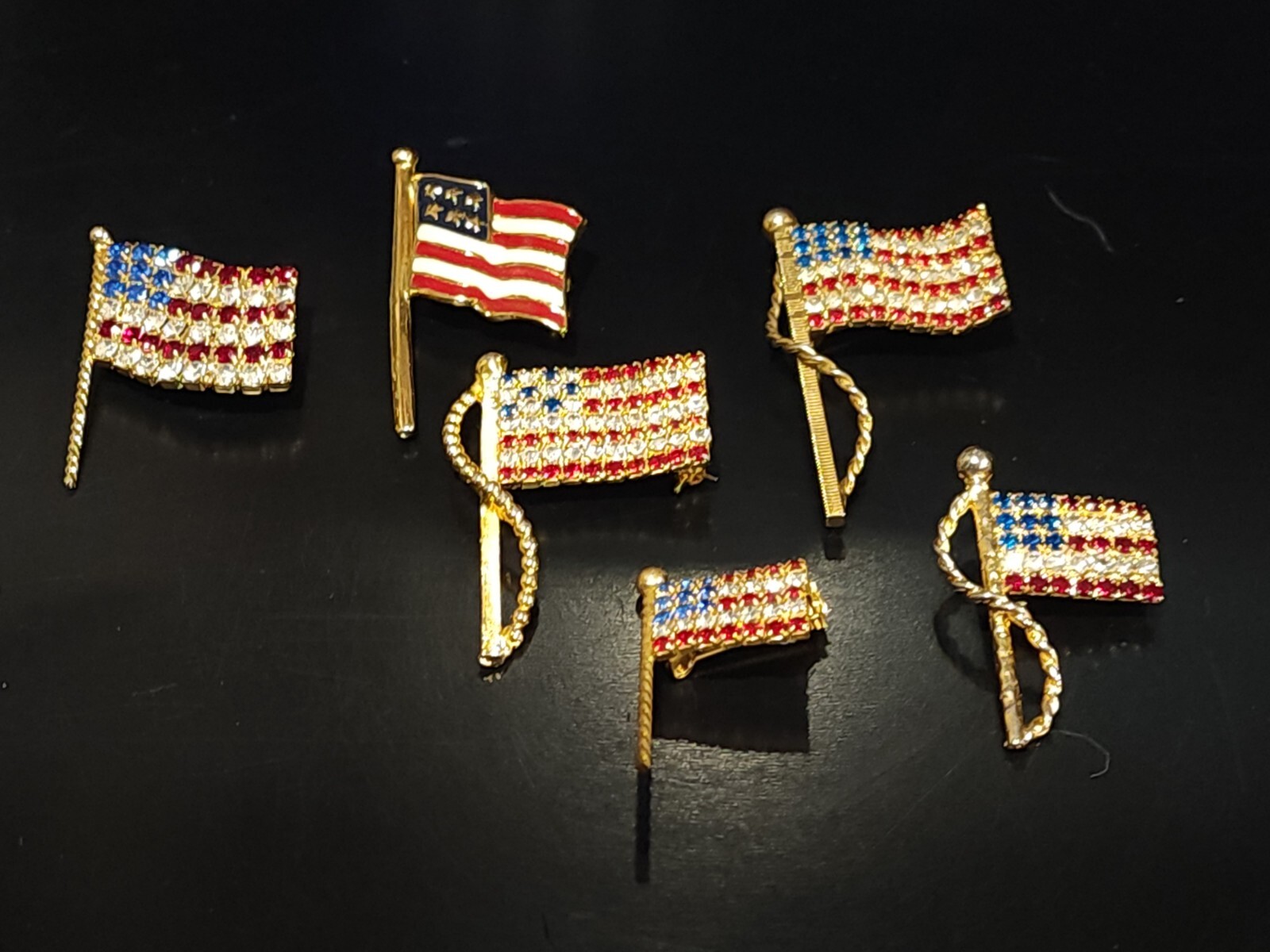 LOT OF 6- Vintage Enamel and Rhinestone American Flag Brooches Pins