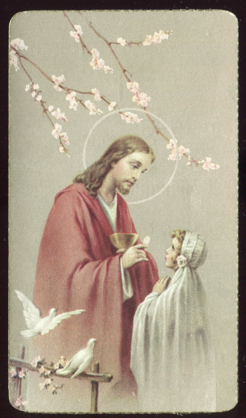 ANTIQUE  HOLY CARD OF COMMUNION GIRL WITH JESUS