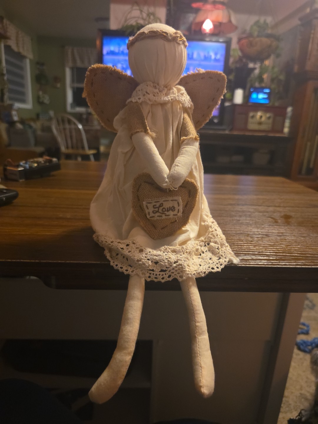 Cloth Angel Folk Art Doll Wall Hanging Burlap Wings and heart 