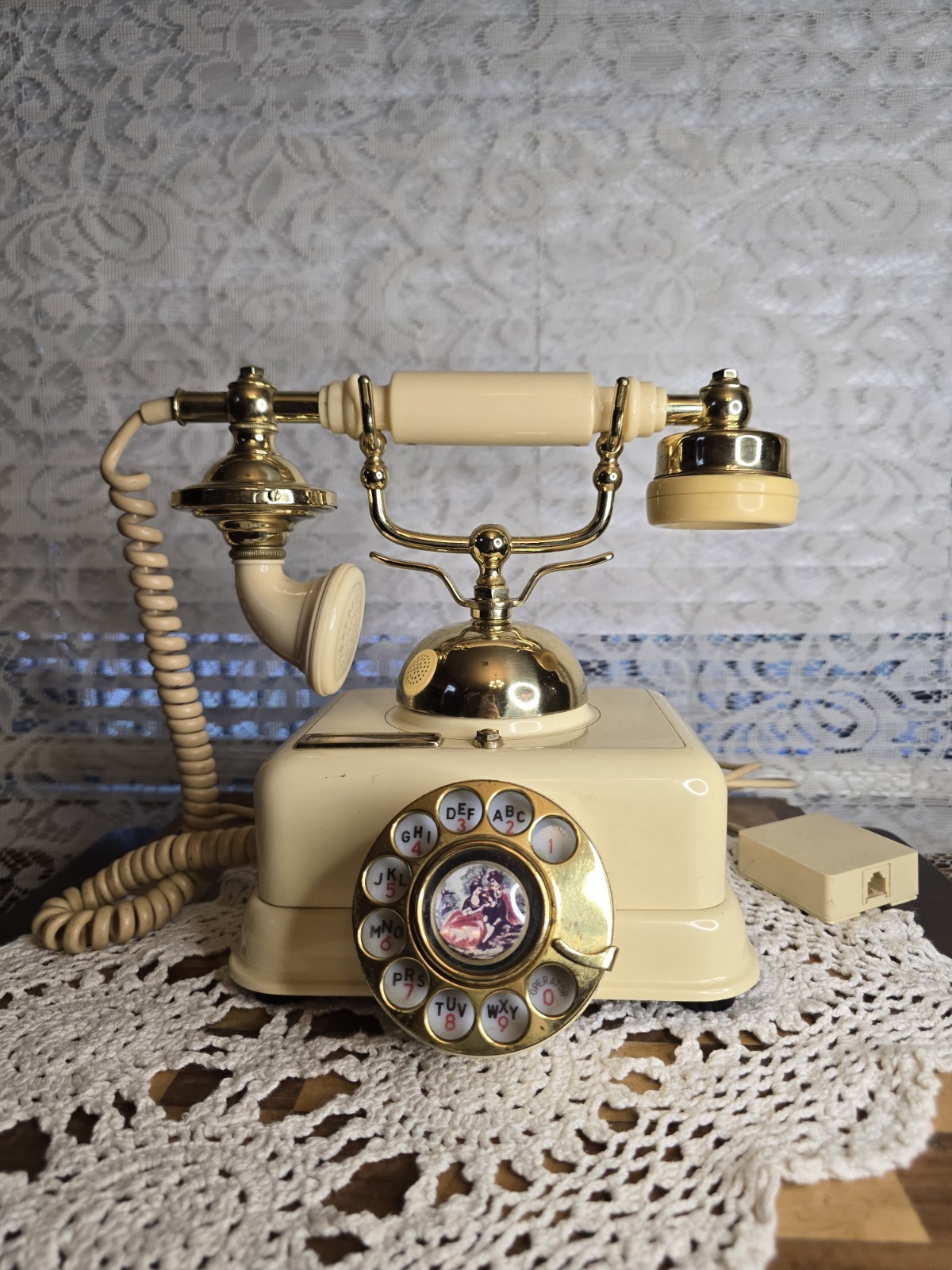 Vintage Cream Gold Rotary Dial Telephone with Romantic Scene Decorative Piece