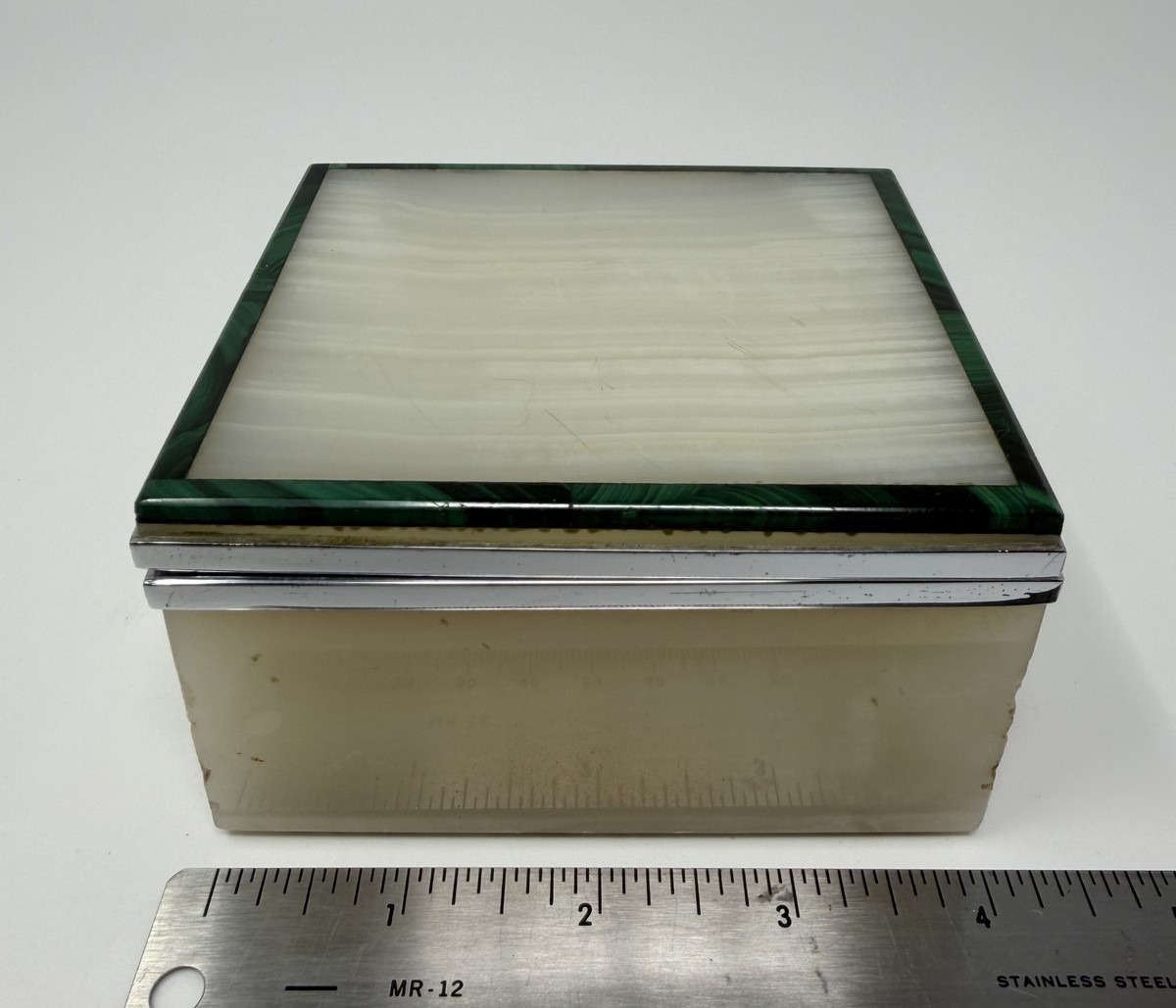 Vintage Italian Alabaster Malachite Inlay Jewelry Box Chrome Hinge Mid Century