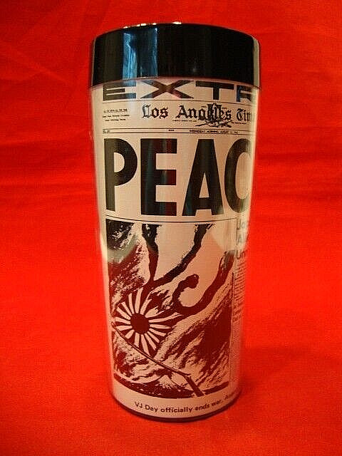 VNTG Thermo-Serv Retro Old Newspaper Article 6" Insulated Tumbler "VJ Day PEACE"