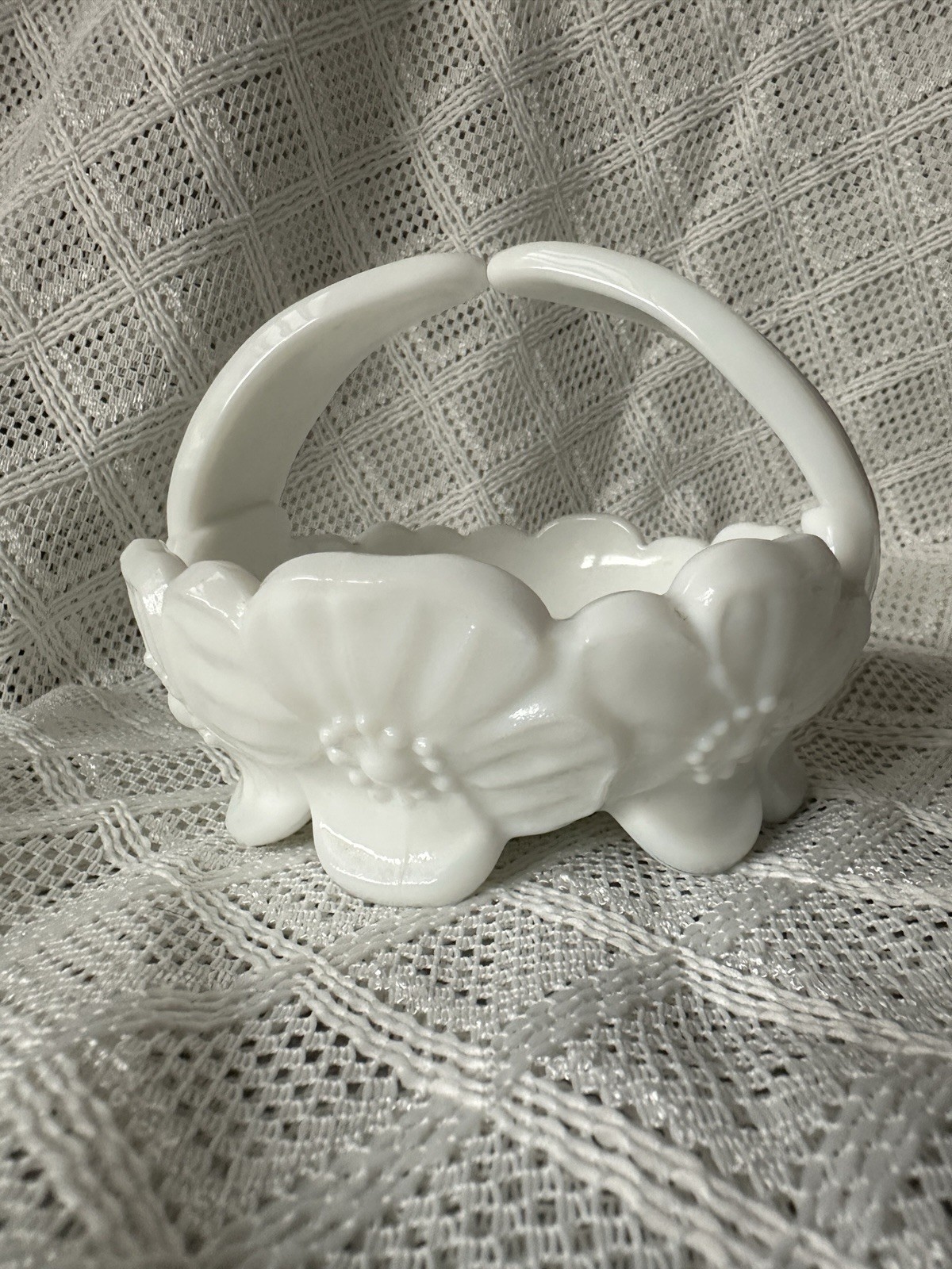 Milk Glass Basket With Handle And Flower Print