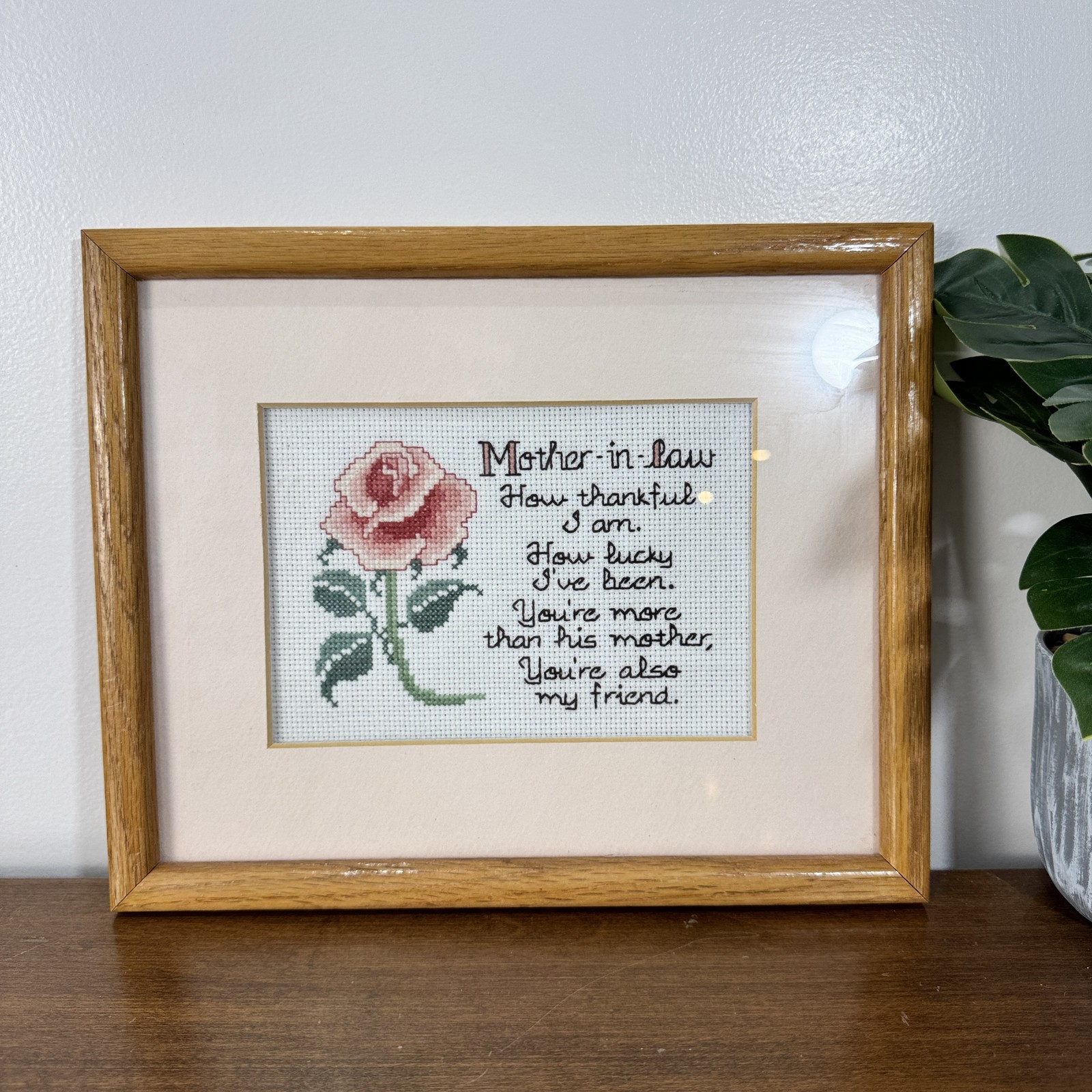 Vintage Framed Cross Stitch Mother-in-law Gift Rose Poem Handmade Textile Art