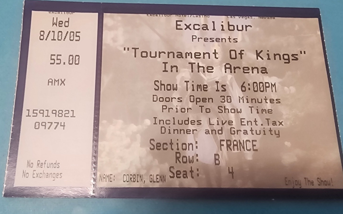 2005 Las Vegas Excalibur Tournament of Kings In the Arena Ticket Stub France 4