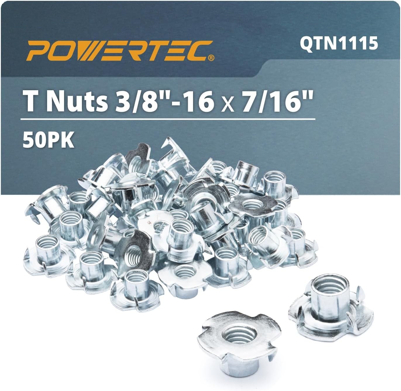 POWERTEC 3/8"-16 T Nuts 50 Pcs, 4 Pronged Tee Nuts for Bolts and Stem Caster Whe