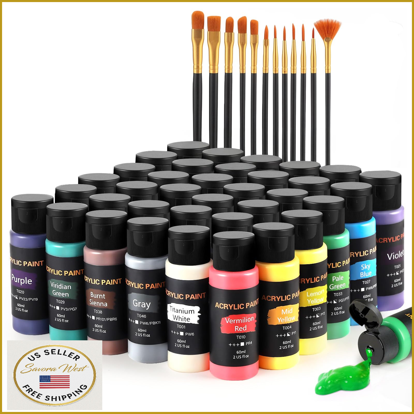 Acrylic Paint Set: 36x2oz Colors, 12 Brushes - Canvas, Wood, Ceramic, Fabric Art