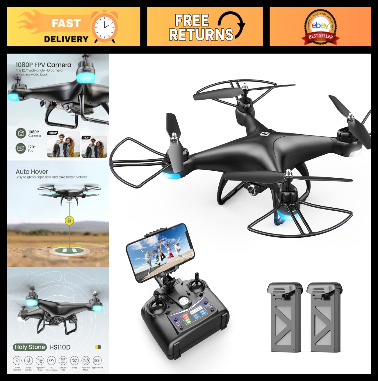 1080P HD FPV Drone Quadcopter with WiFi, Gravity Sensor, Voice & Gesture Control