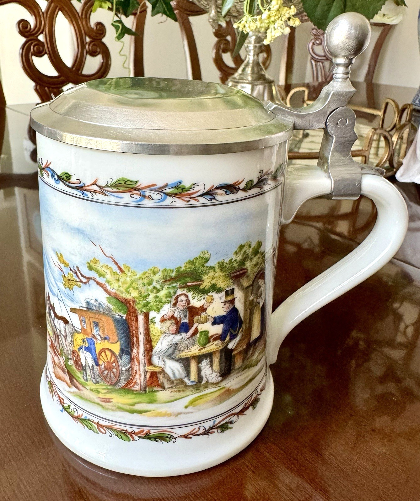 Vintage Seltmann Weiden Porcelain Stein Buggy Scene Pewter Lid Bavaria W Germany