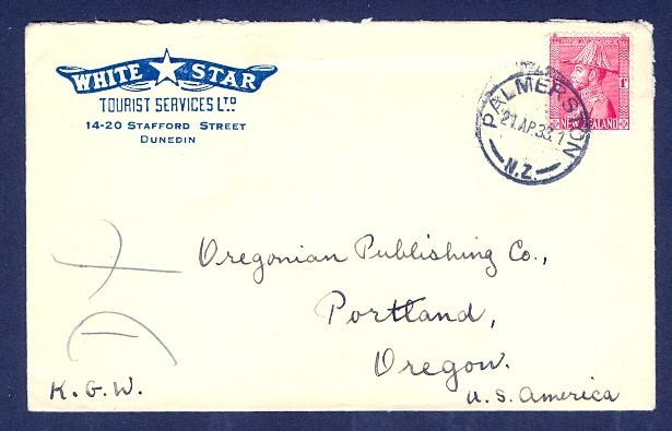 NEW ZEALAND WHITE STAR 1933 KGV ILLUSTR c/c TO USA