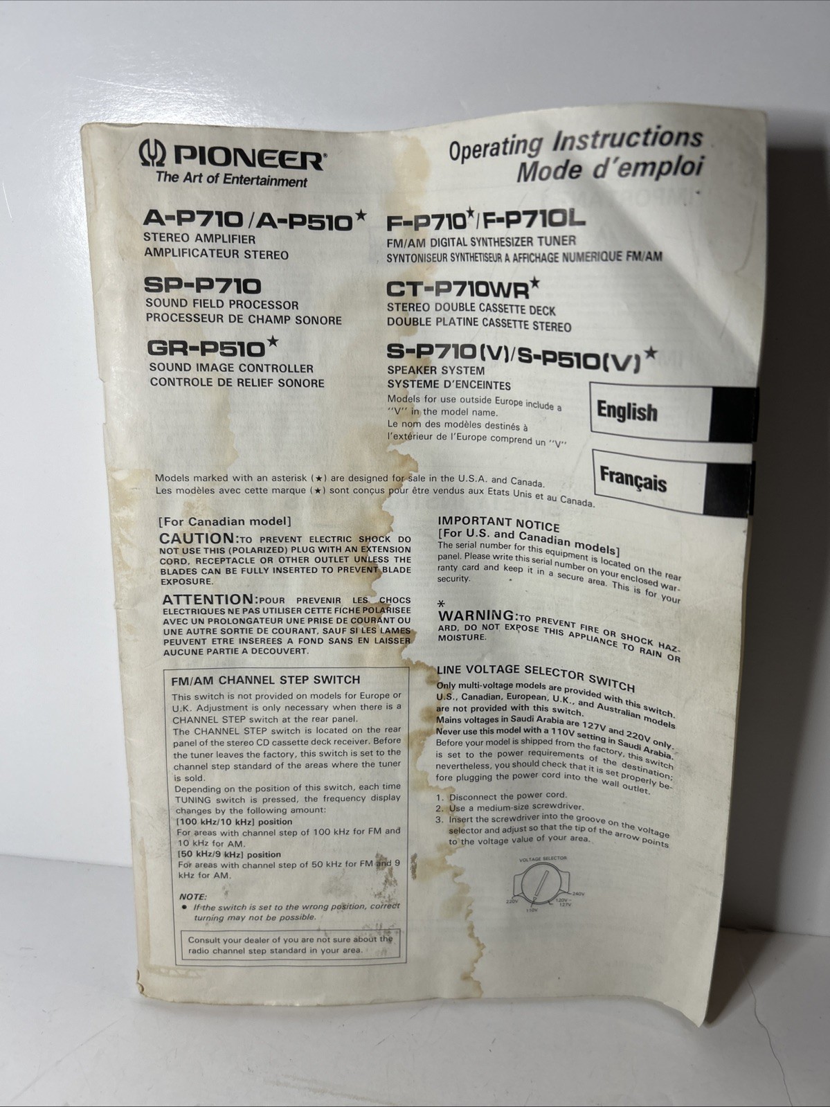 Vintage Pioneer A-P710/A-P510, SP-710, GR-P510 Operating Instruction Manual ￼