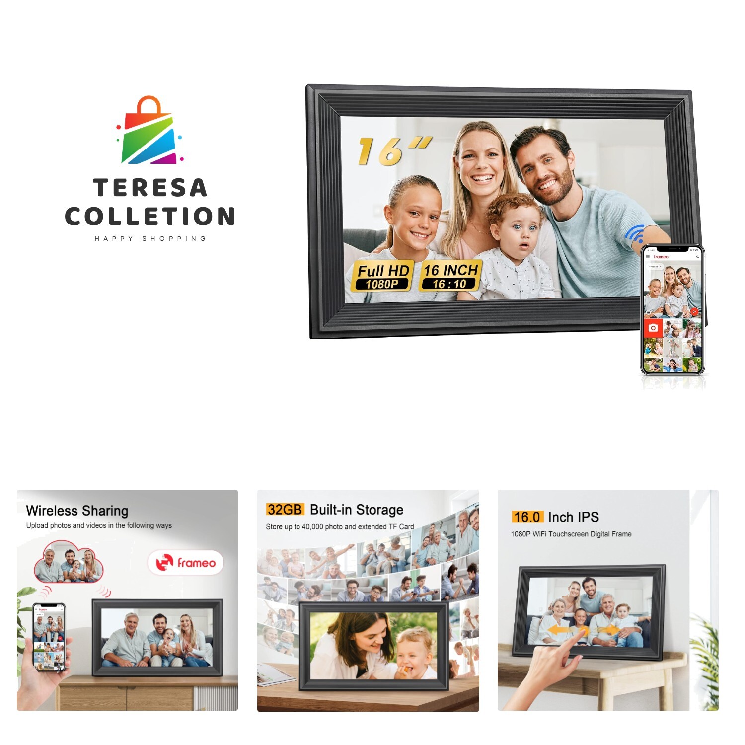 16 inch WiFi Digital Picture Frame, Touch Screen Smart Digital Photo Frame wi...