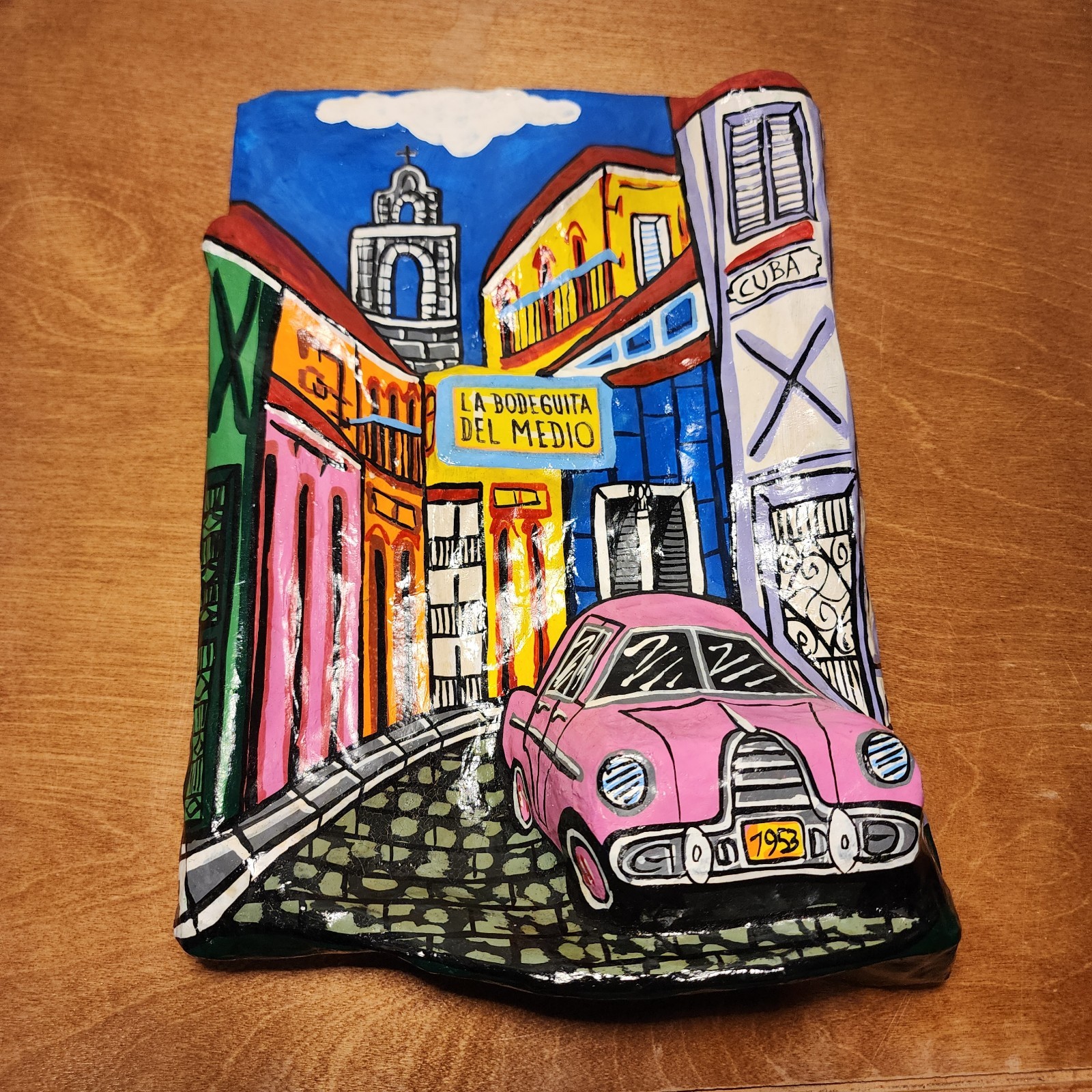  3D Art Paper Mache pink Car La Bodeguita Del Medico Street Cuba 12x9