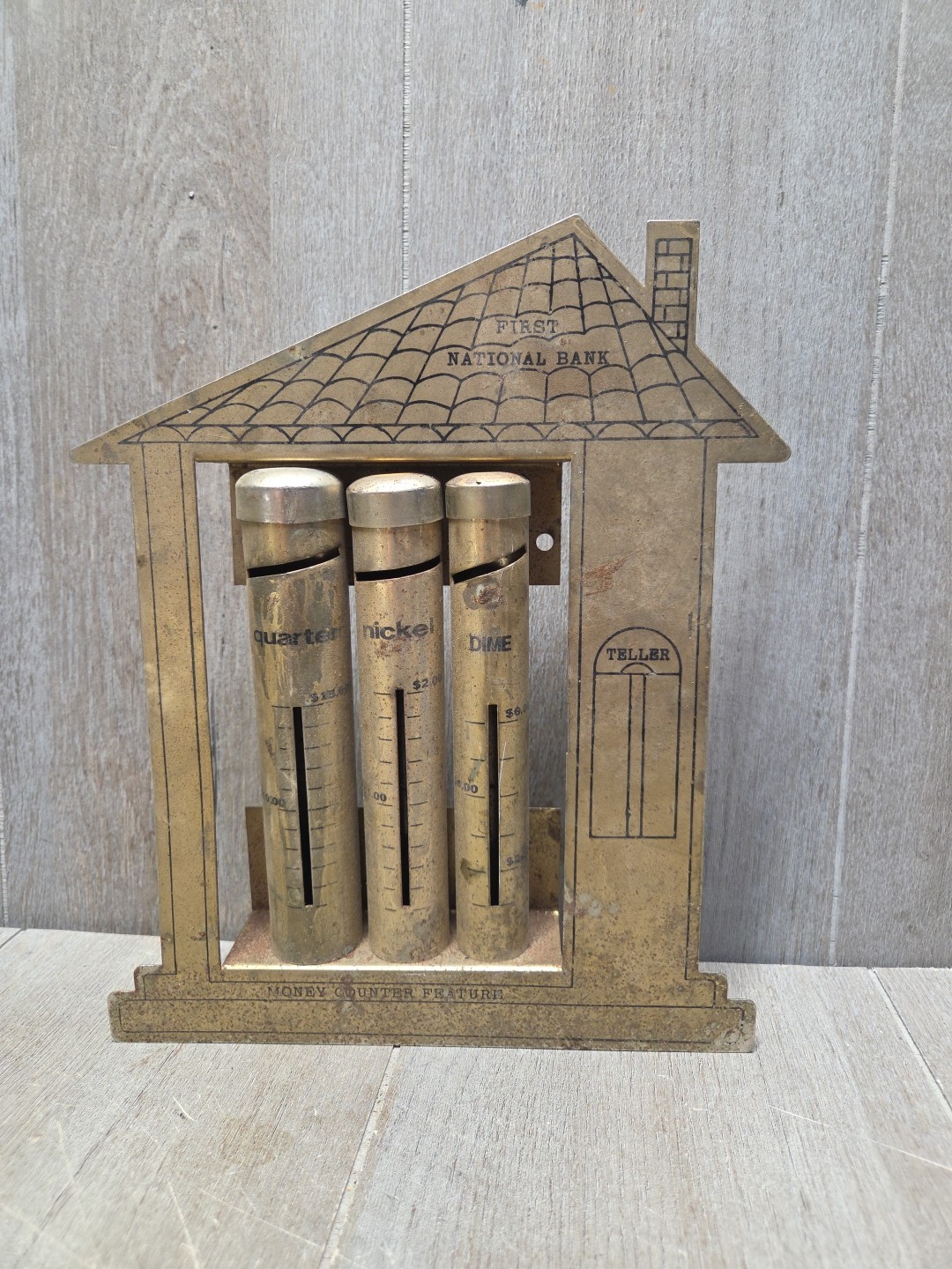 Vintage Money Counter Bank BRASS COIN SORTER First National Bank