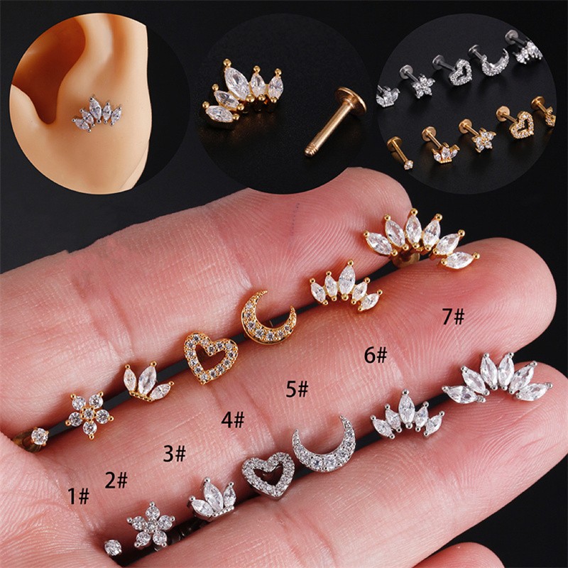 Crystal Tragus Helix Cartilage Stud Earring Set 6MM Flat Back Labret 316L