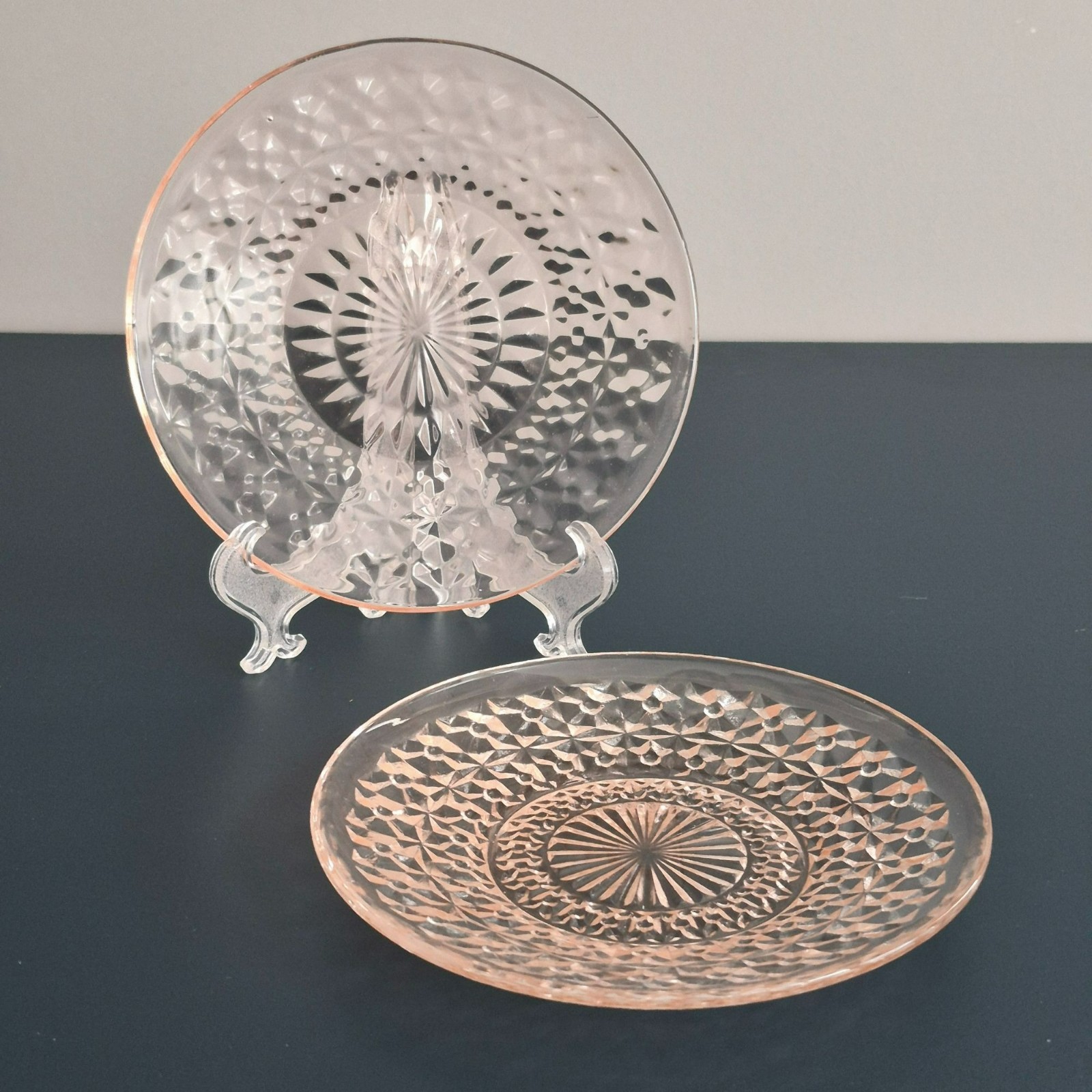 Vintage Jeannette Holiday Pink Glass Bread Plate SET of 2, Button & Bow 1940-60s