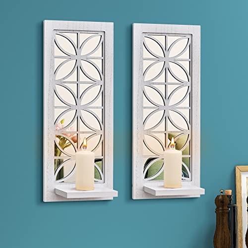 Mirrored Wall Candle Holder Set of 2, Rustic Wooden Candle White (Style 1)