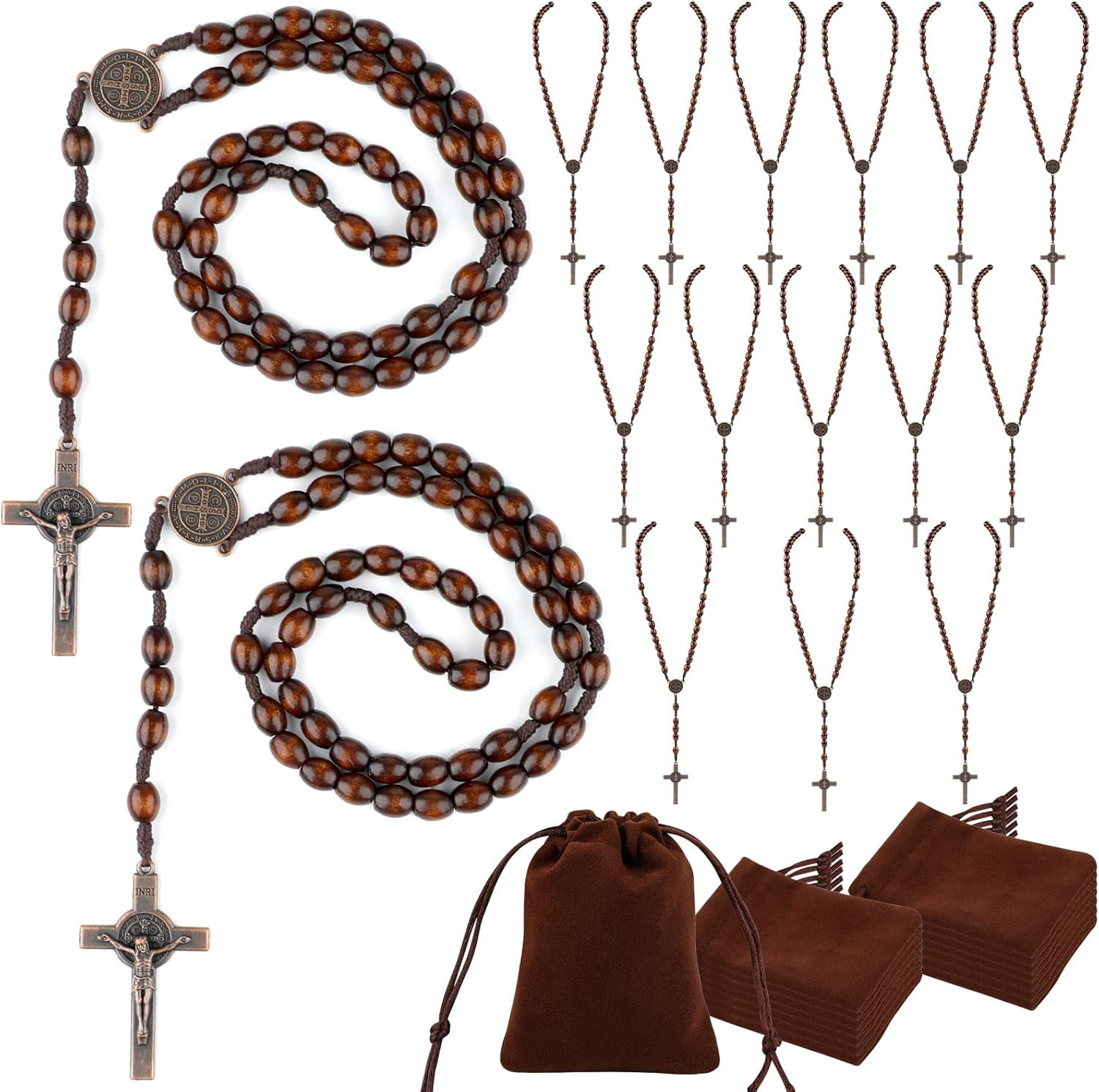 Wooden Bead Rosary Necklace, Catholic Rosary Wood Carved Beads with Jesus Cross,