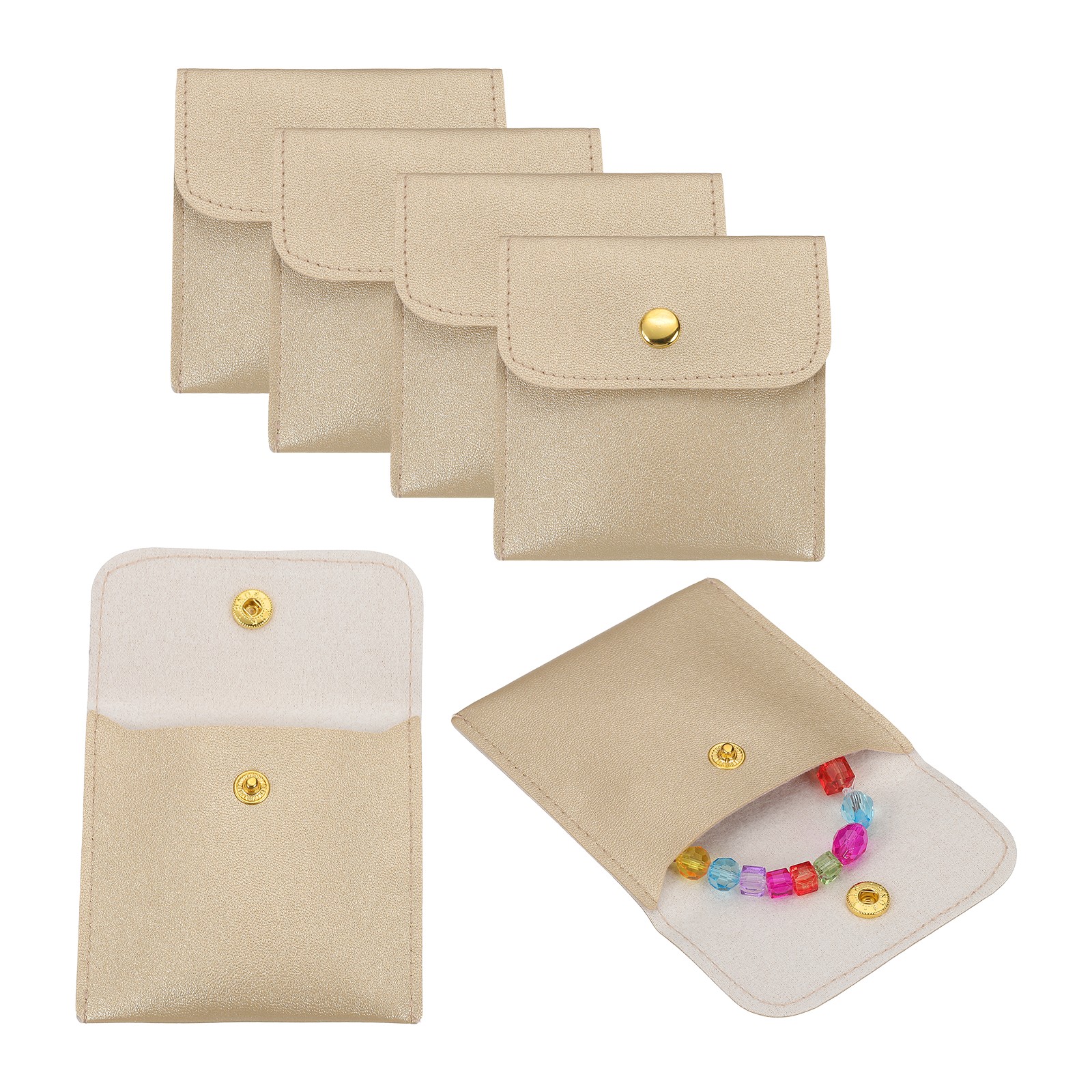 PU Leather Jewelry Bag, 6Pcs 8 x 8cm - Jewelry Pouch with Snap Button (Gold)
