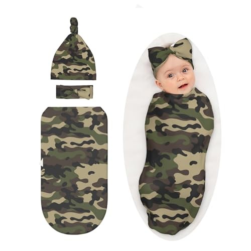 Baby Stuff Swaddle Blanket with Headband and Beanie Set, Newborn One Size Camo