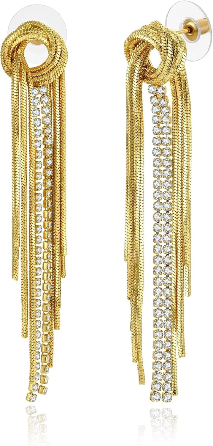 10K Yellow Gold Over Diamond Sleek Chain Knot Linear Fringe Tassel Earrings 2PCS