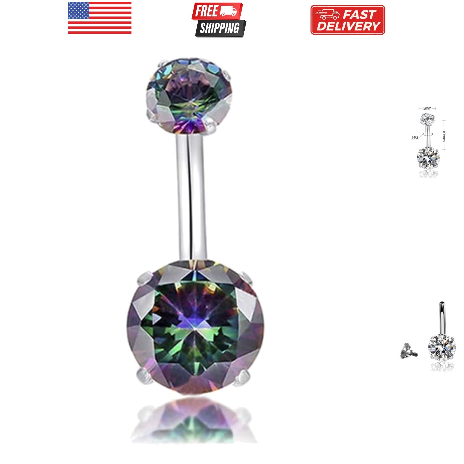 14G Belly Button Rings Surgical Stainless Steel Round Cubic Zirconia Navel Ba...