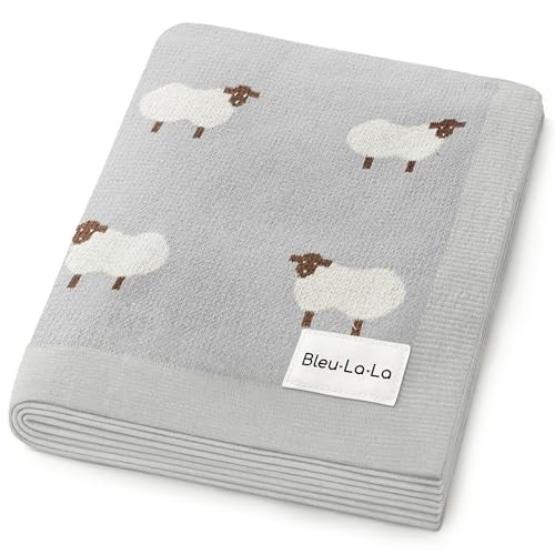 Knit Baby Swaddle Blanket - 100% Cotton Soft Cozy Lightweight 06 - Sheep - Grey