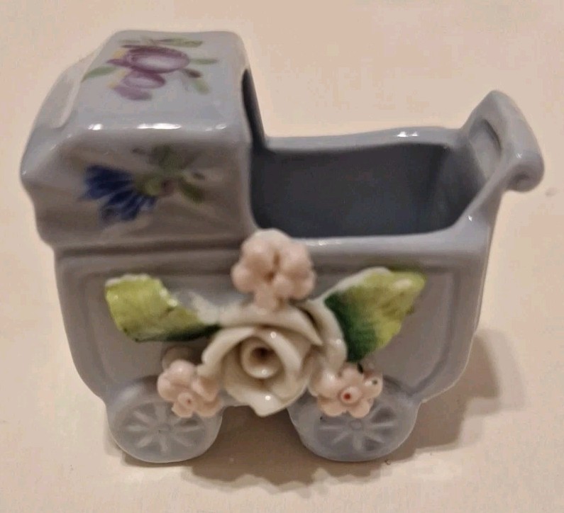 VINTAGE BABY CARRIAGE/BUGGY GERMANY  CERAMIC Mini-Blue/White/Pink-NURSERY !!!