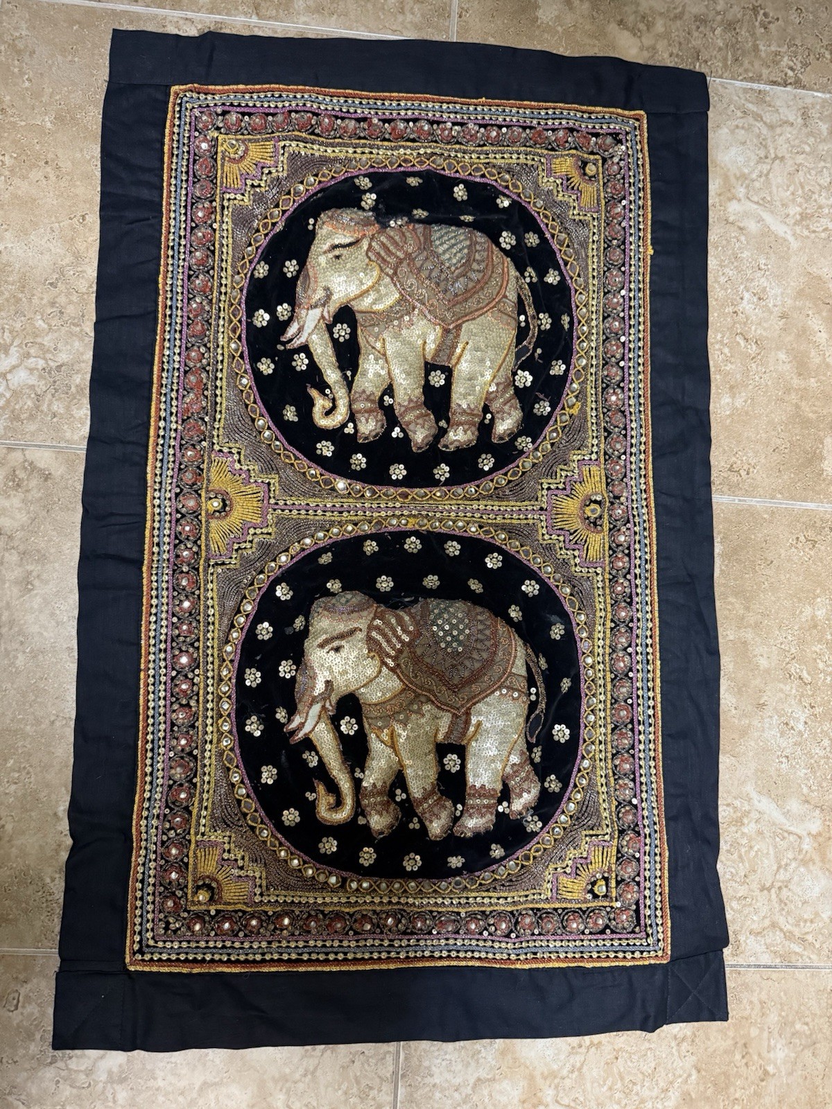 Vintage Indian Burmese Kalaga Tapestry Elephants Embroidery Wall Hanging