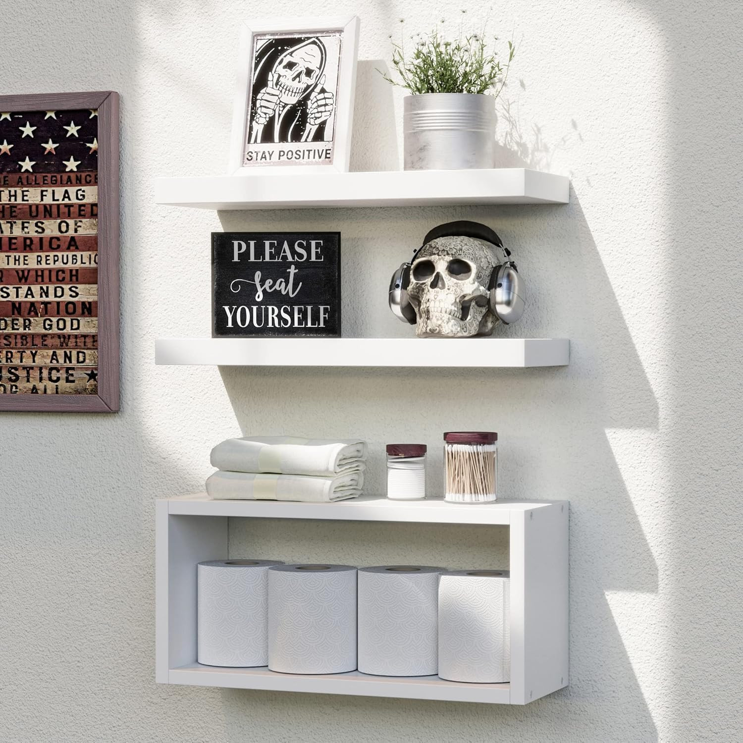 White Floating Shelves Set of 3, Modern Bathroom Shelves Wall Mounted Shelves fo